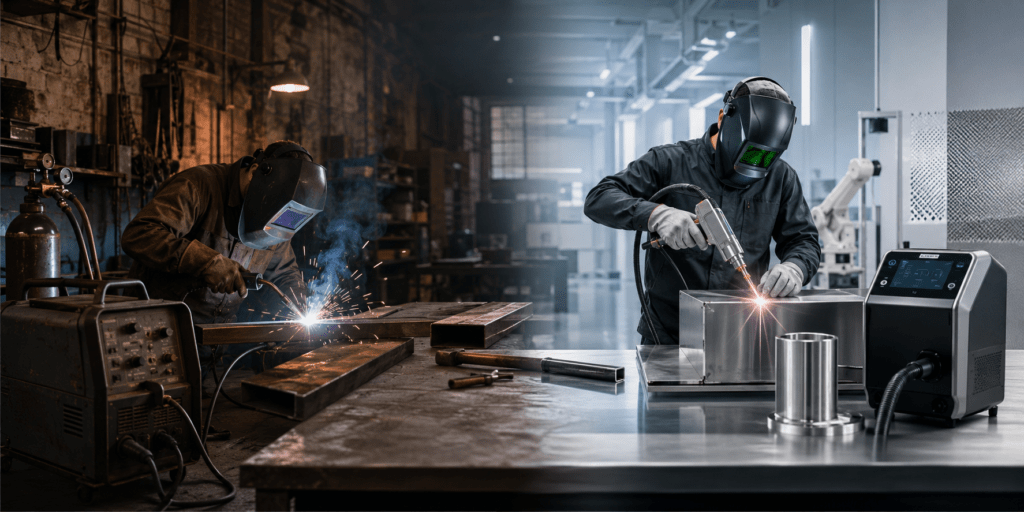 Comparativa entre soldadura MIG tradicional y soldadura láser portátil en un taller industrial moderno