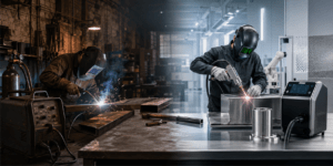 Comparativa entre soldadura MIG tradicional y soldadura láser portátil en un taller industrial moderno