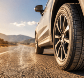 Neumático de coche circulando sobre asfalto caliente en verano