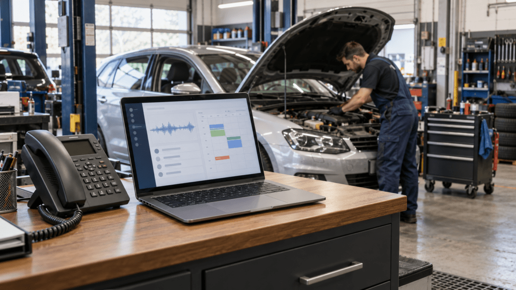 Teléfono y ordenador en la recepción de un taller, con un mecánico reparando un coche al fondo.