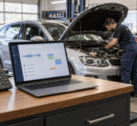 Teléfono y ordenador en la recepción de un taller, con un mecánico reparando un coche al fondo.